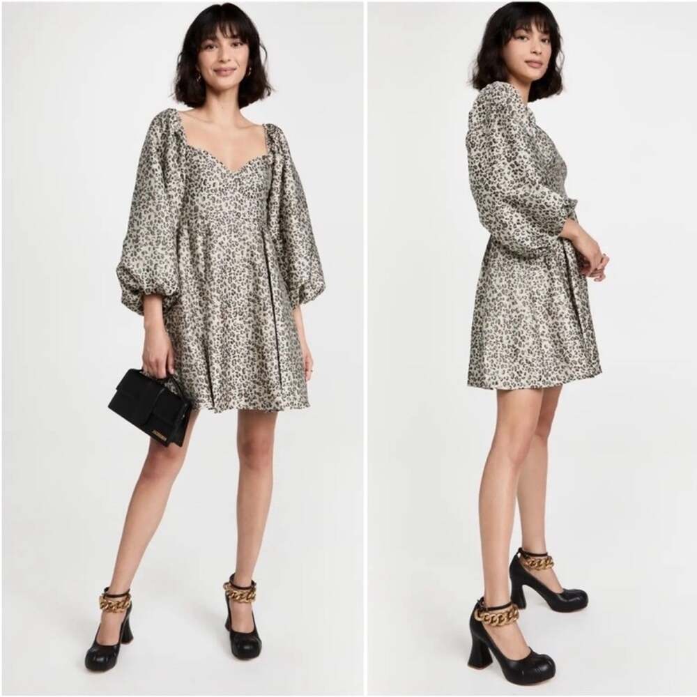 Sister Jane Jacquard Tempo Leopard Dress Size Small Puff Sleeve Animal Mini